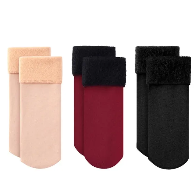 3 Pairs Winter Warm Women Socks Solid Color Thicken Thermal Socks Soft Plus Velvet Socks