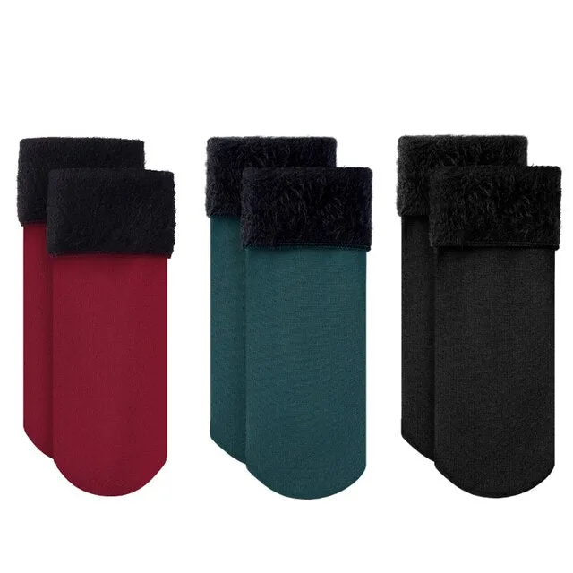 3 Pairs Winter Warm Women Socks Solid Color Thicken Thermal Socks Soft Plus Velvet Socks