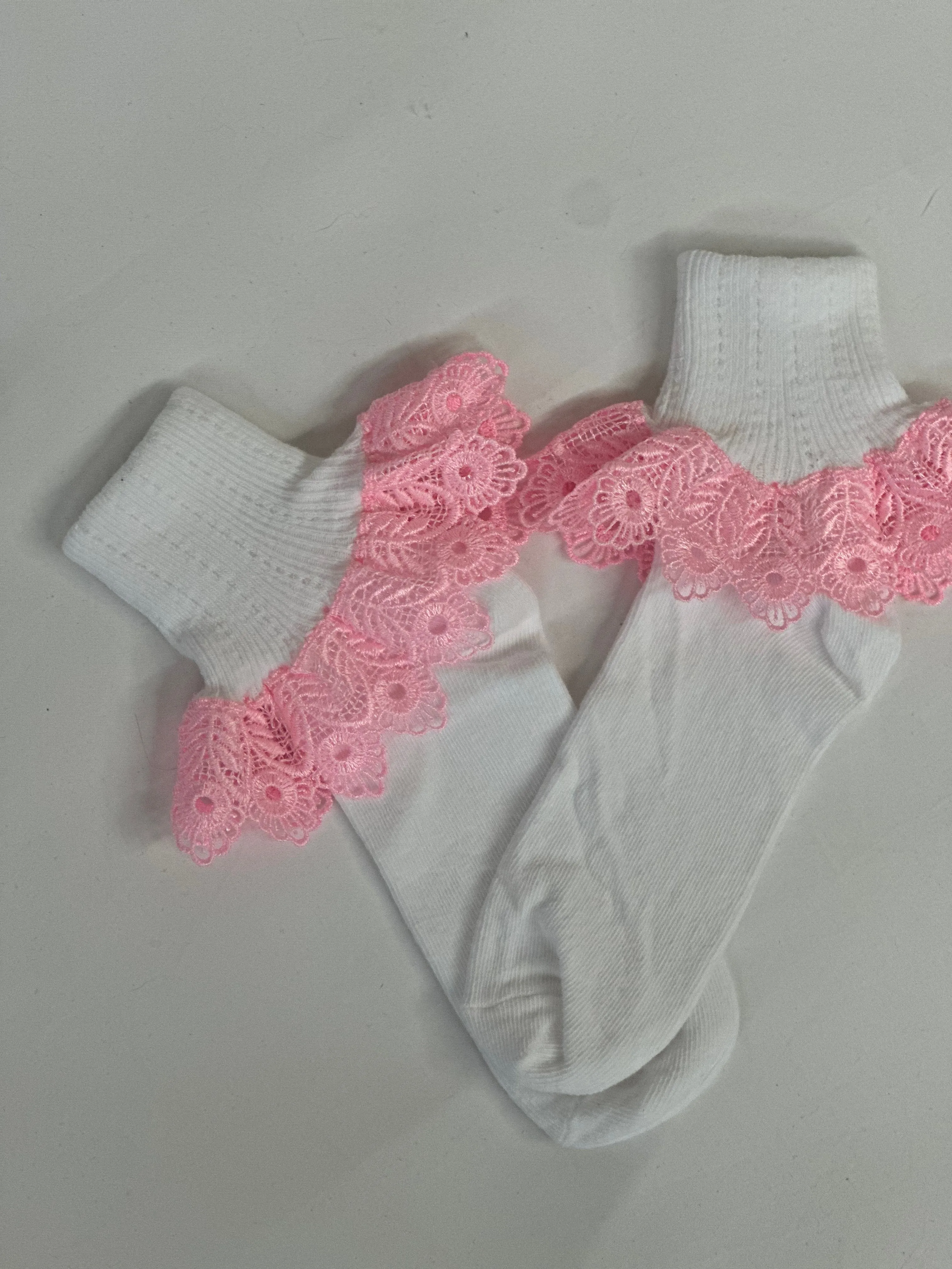 BLOSSOM  lace cuff socks - white pink lace