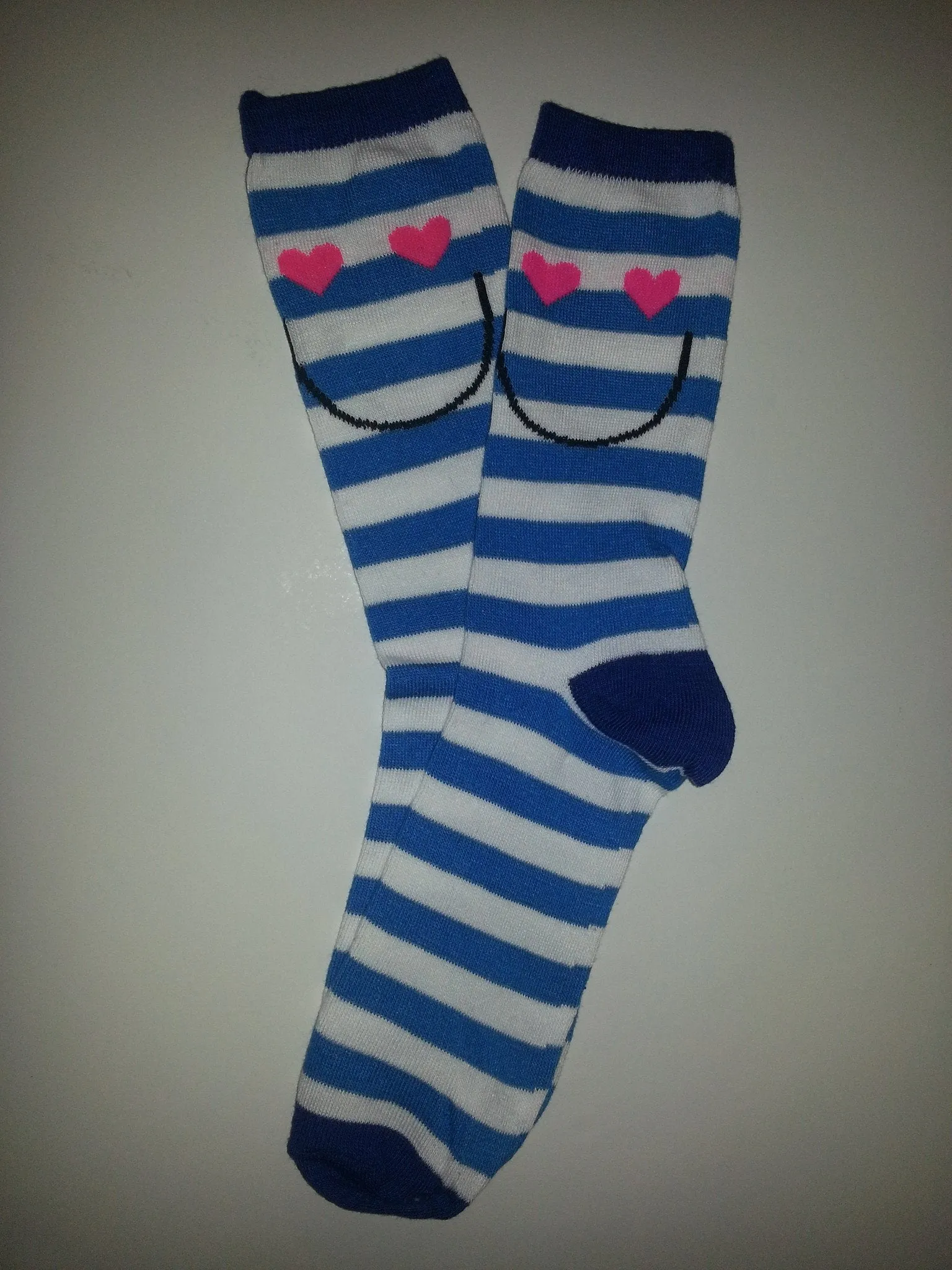 Blue Heart Face Stripe Crew Socks