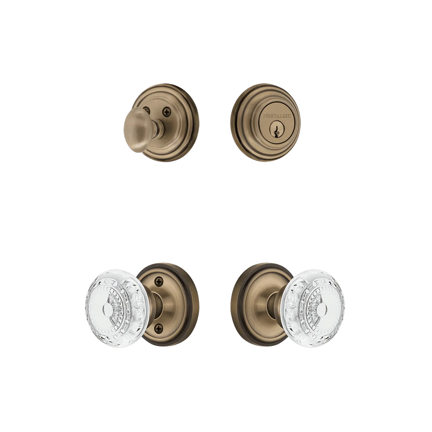 Classic Rosette Entry Set with Crystal Meadows Knob in Antique Brass