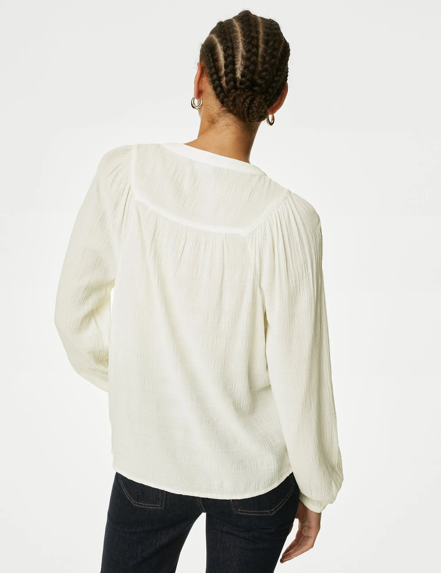 Cotton Blend Button Through Popover Blouse