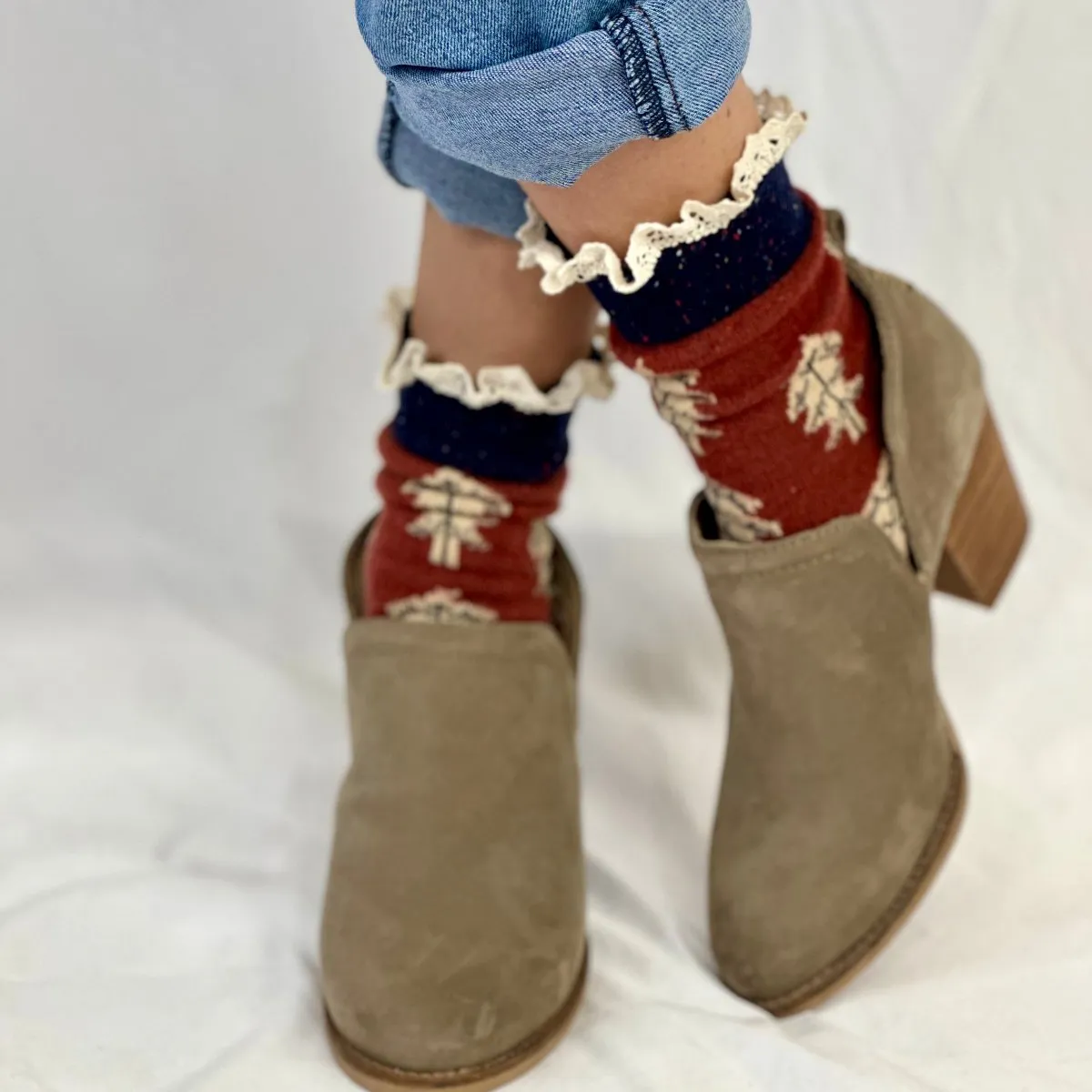 FALL LEAF lace topped socks - rust