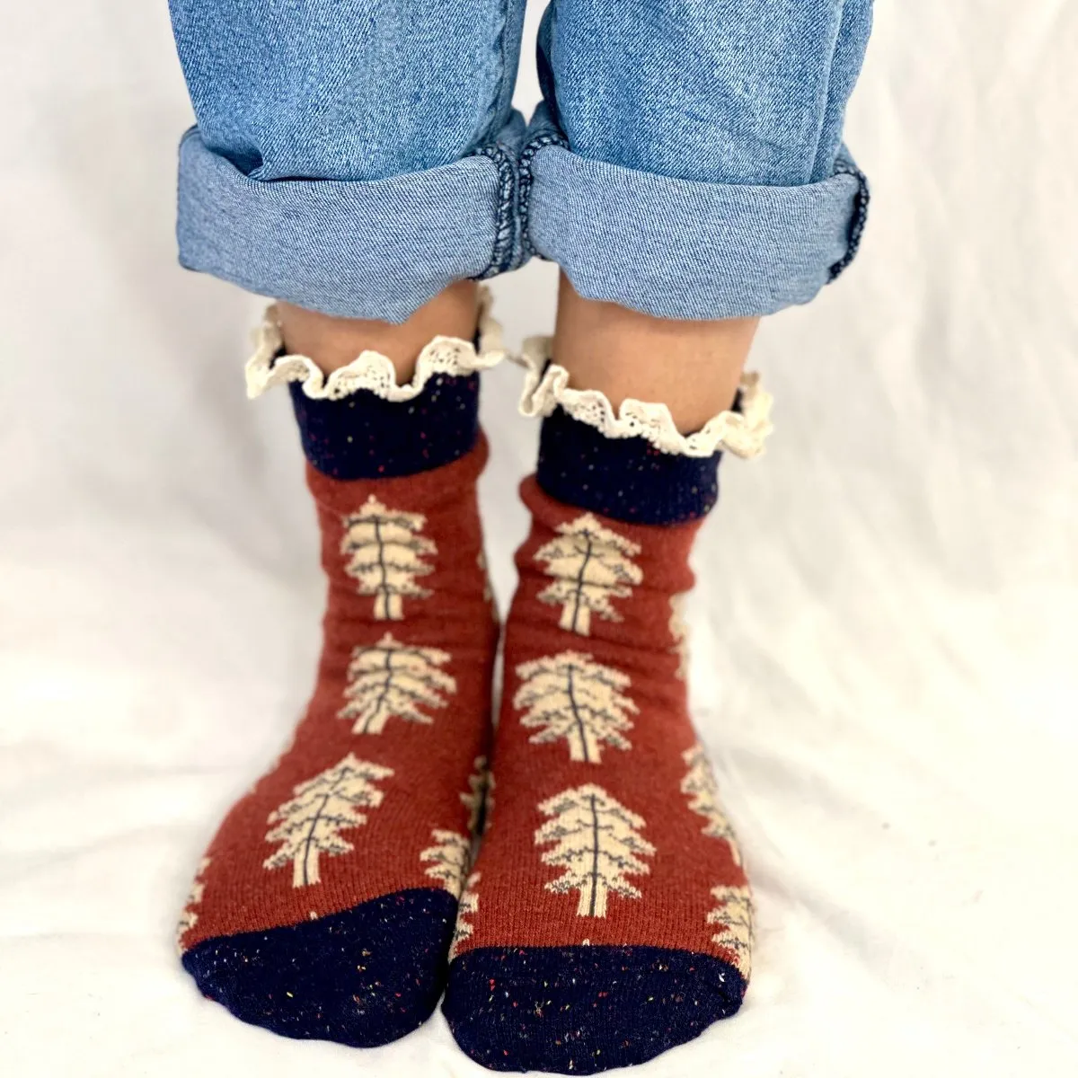 FALL LEAF lace topped socks - rust