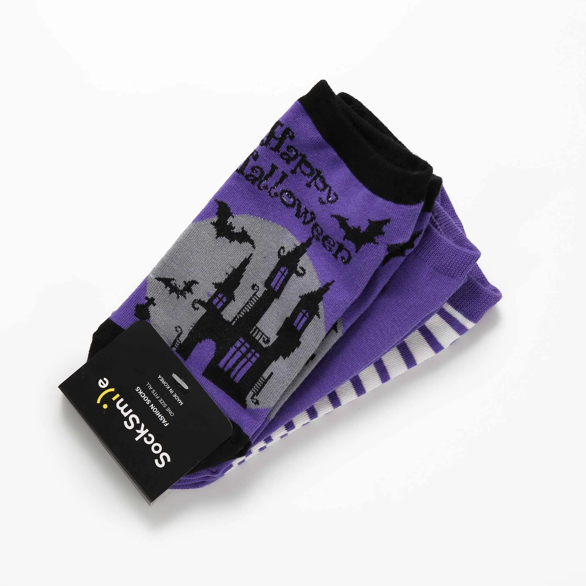 Happy Halloween Funny Grave Site Night Hunted House Black Bat Scary Low-Cut Ankle Women 3-Pairs Purple Grey (2312)