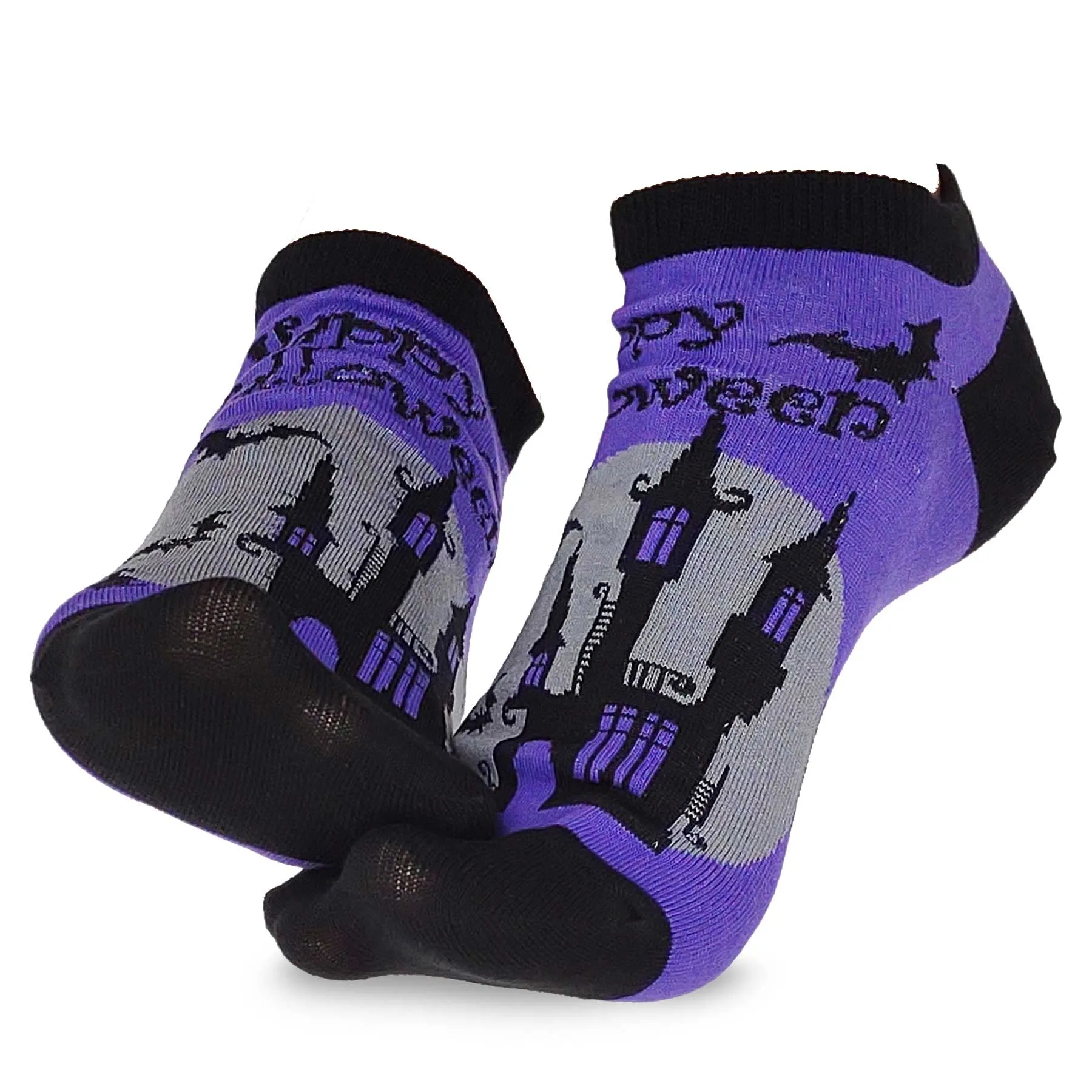 Happy Halloween Funny Grave Site Night Hunted House Black Bat Scary Low-Cut Ankle Women 3-Pairs Purple Grey (2312)