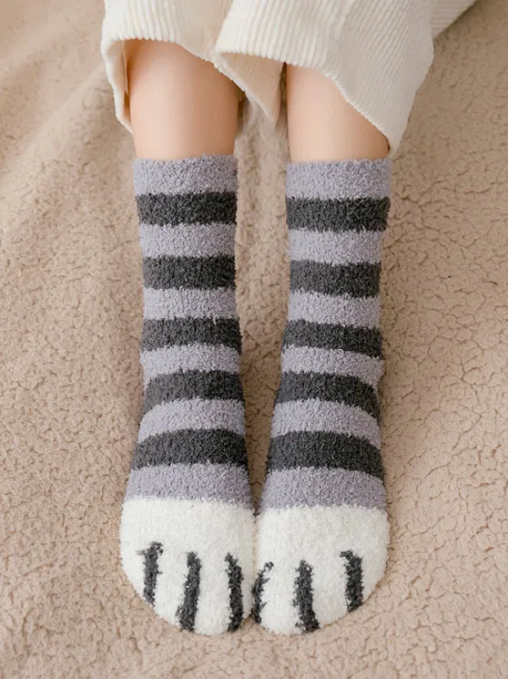 Kawaii Cute Room Socks - Cat Paws Grey Stripes