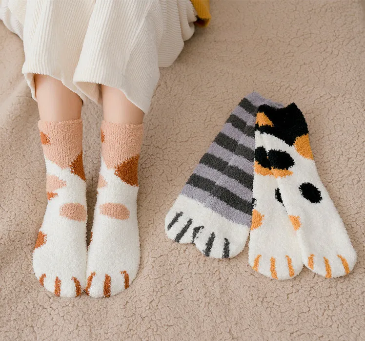 Kawaii Fluffy Room Socks - Cat Paws Brown