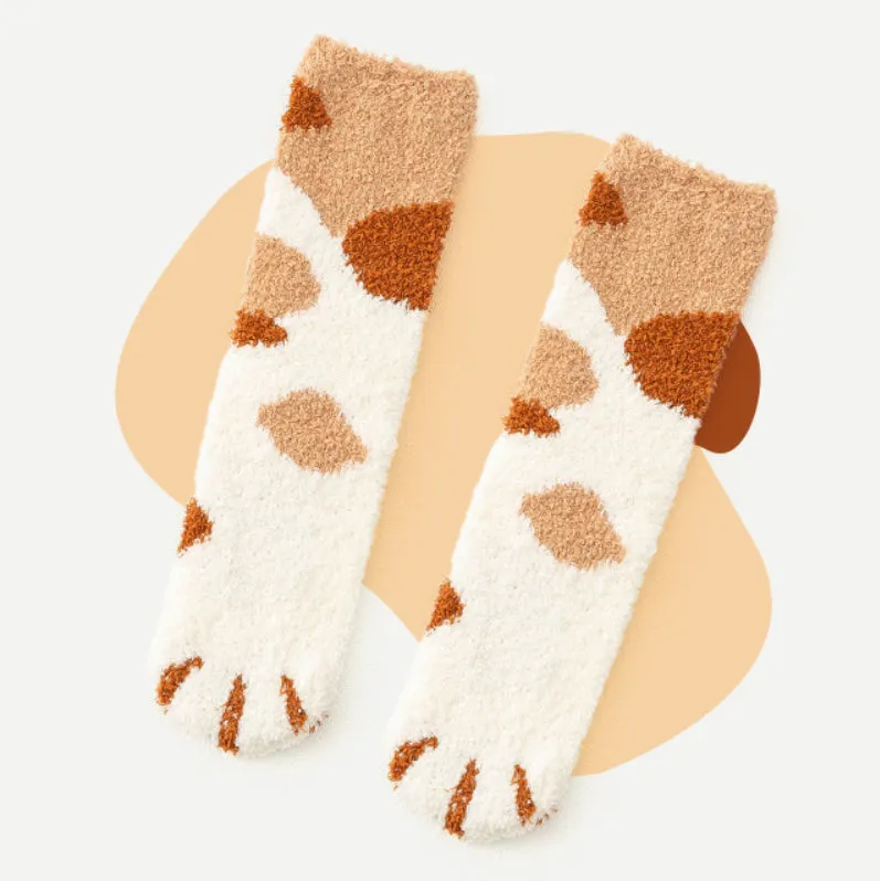 Kawaii Fluffy Room Socks - Cat Paws Brown