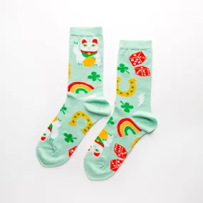 Lucky Cat & Clover Crew Socks - Small