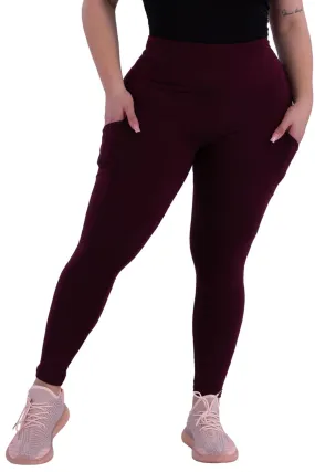 Plus Size Solid Fleece Lined Sports Leggings With Side Pockets - Burgundy