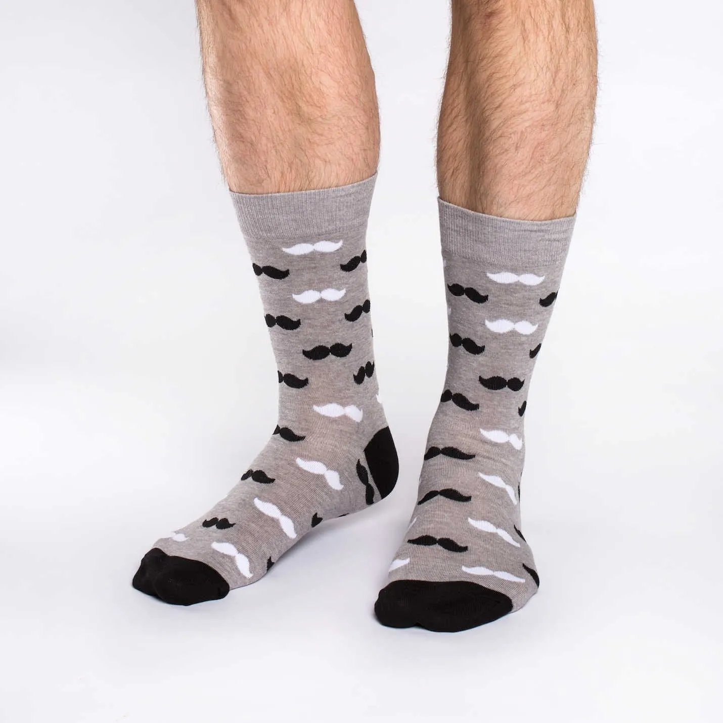 "Black & Grey Moustache" Cotton Crew Socks by Good Luck Sock - Large