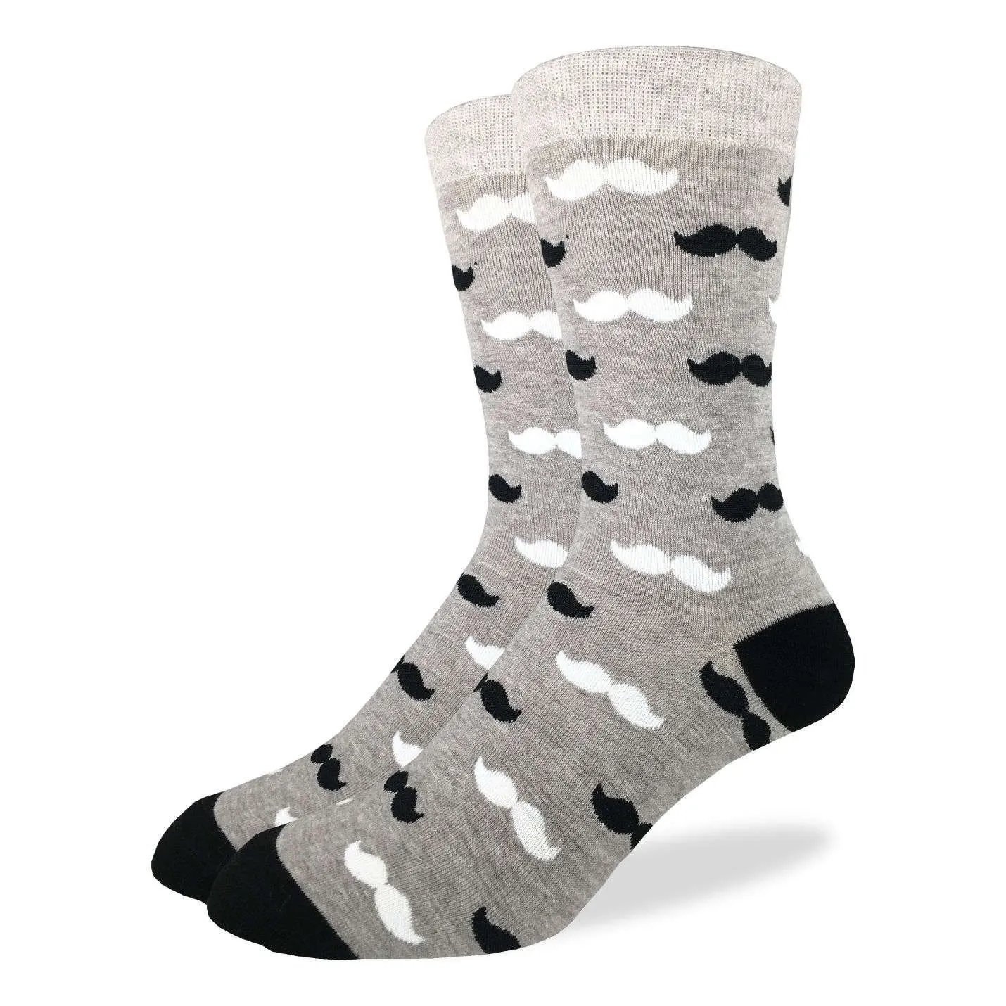 "Black & Grey Moustache" Cotton Crew Socks by Good Luck Sock - Large