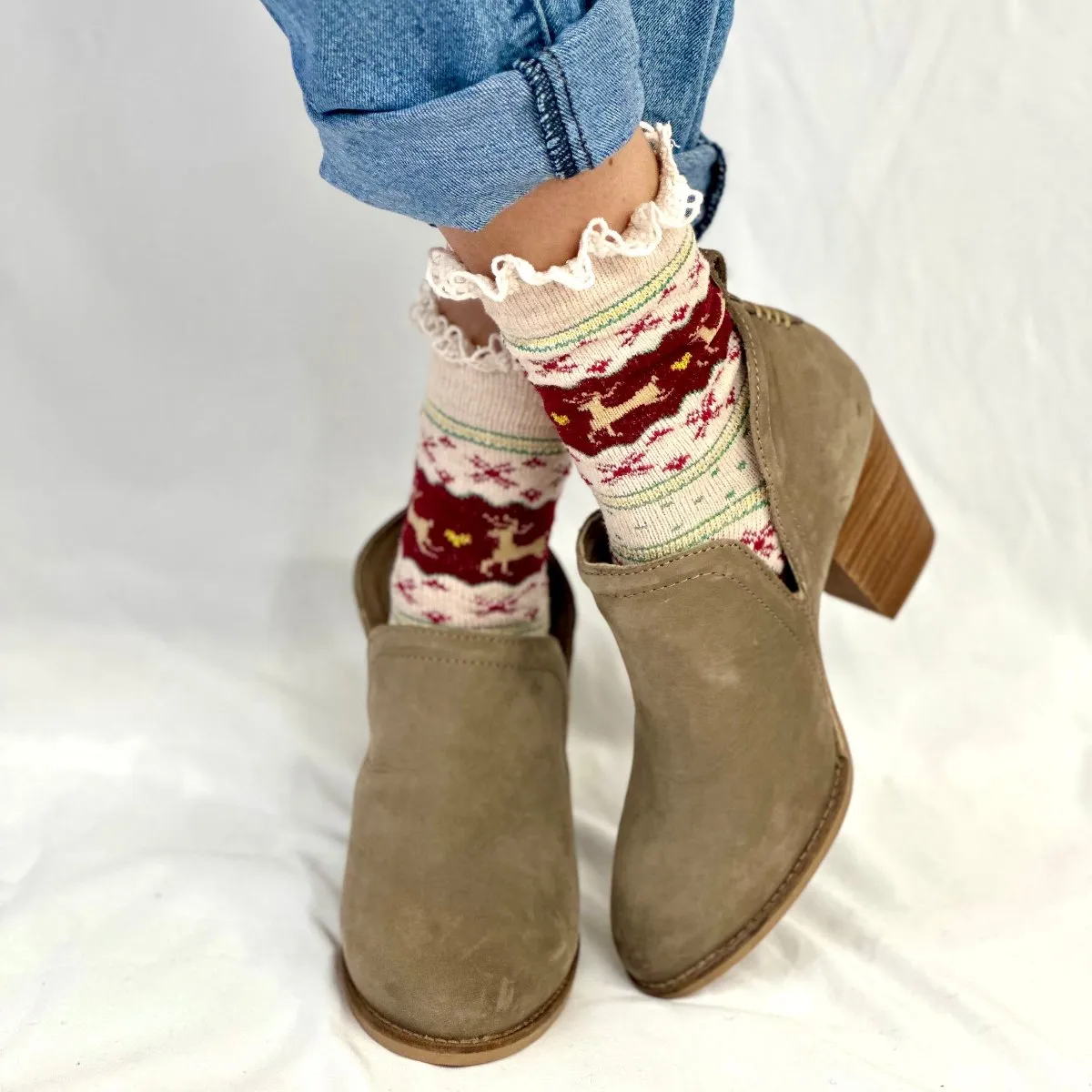 REINDEER patterned lace topped socks - burgundy