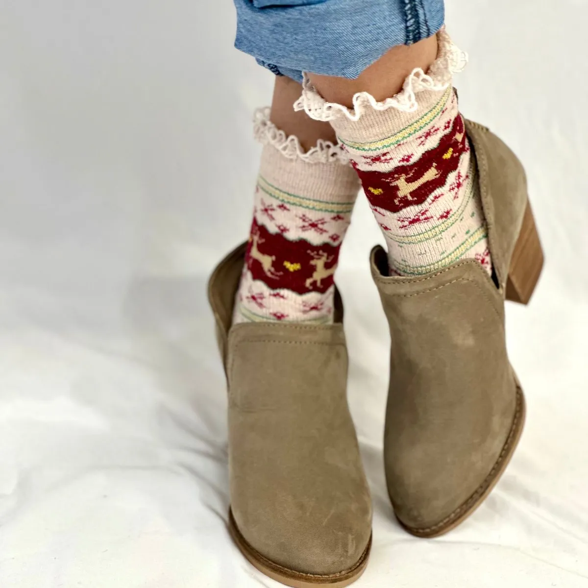 REINDEER patterned lace topped socks - burgundy