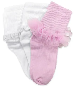 Ruffled Lace Turn Cuff Socks - Pink and White, Pack of 3 Pairs