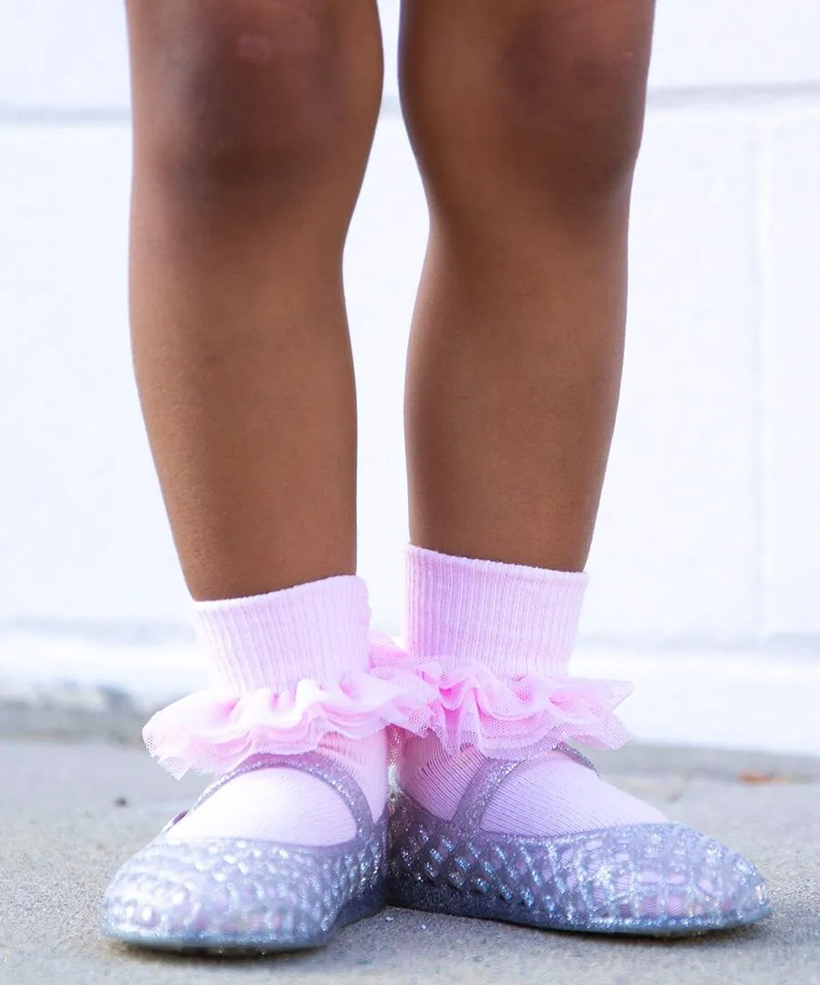 Ruffled Lace Turn Cuff Socks - Pink and White, Pack of 3 Pairs