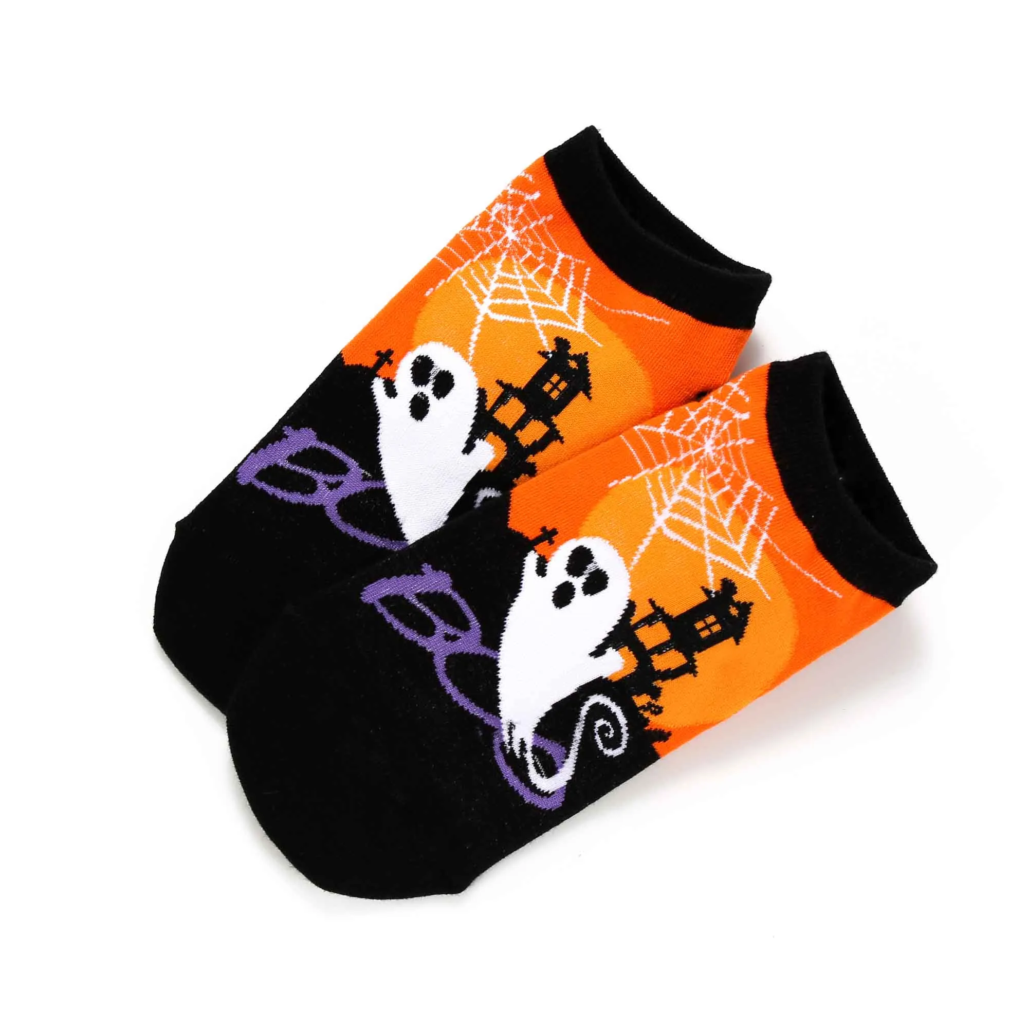 Silly Ghost Boo Hunted House Spider Web Fun Novelty Halloween Cotton Low-Cut Ankle Socks Women 3-Pairs 9-11 Orange (2313)