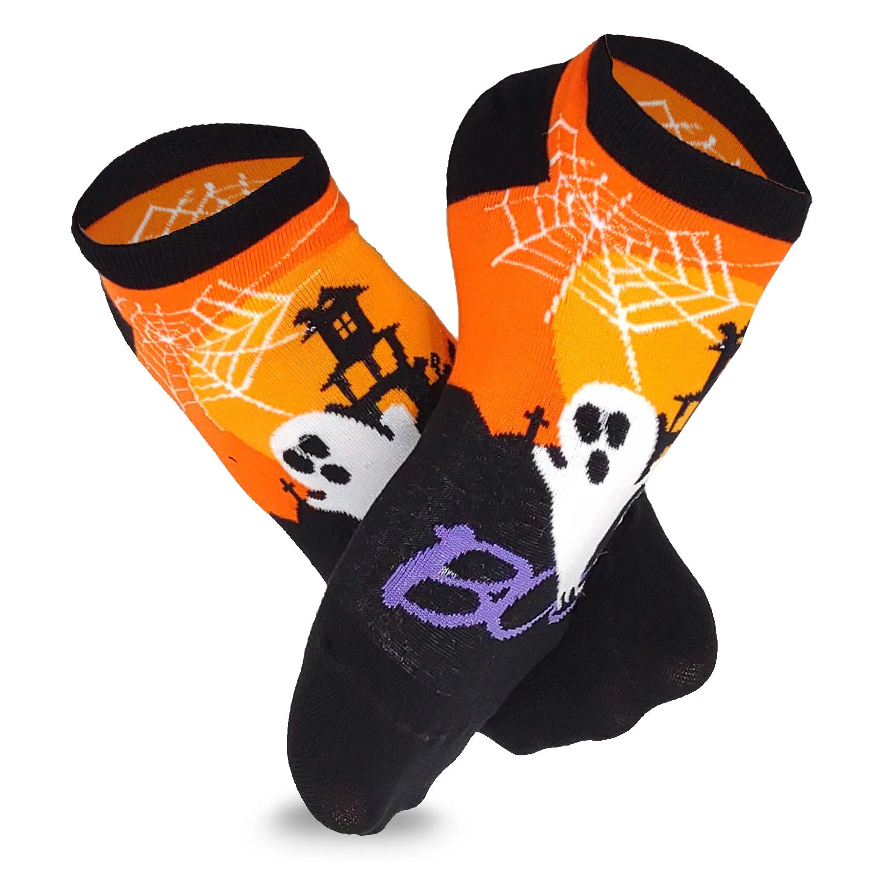 Silly Ghost Boo Hunted House Spider Web Fun Novelty Halloween Cotton Low-Cut Ankle Socks Women 3-Pairs 9-11 Orange (2313)