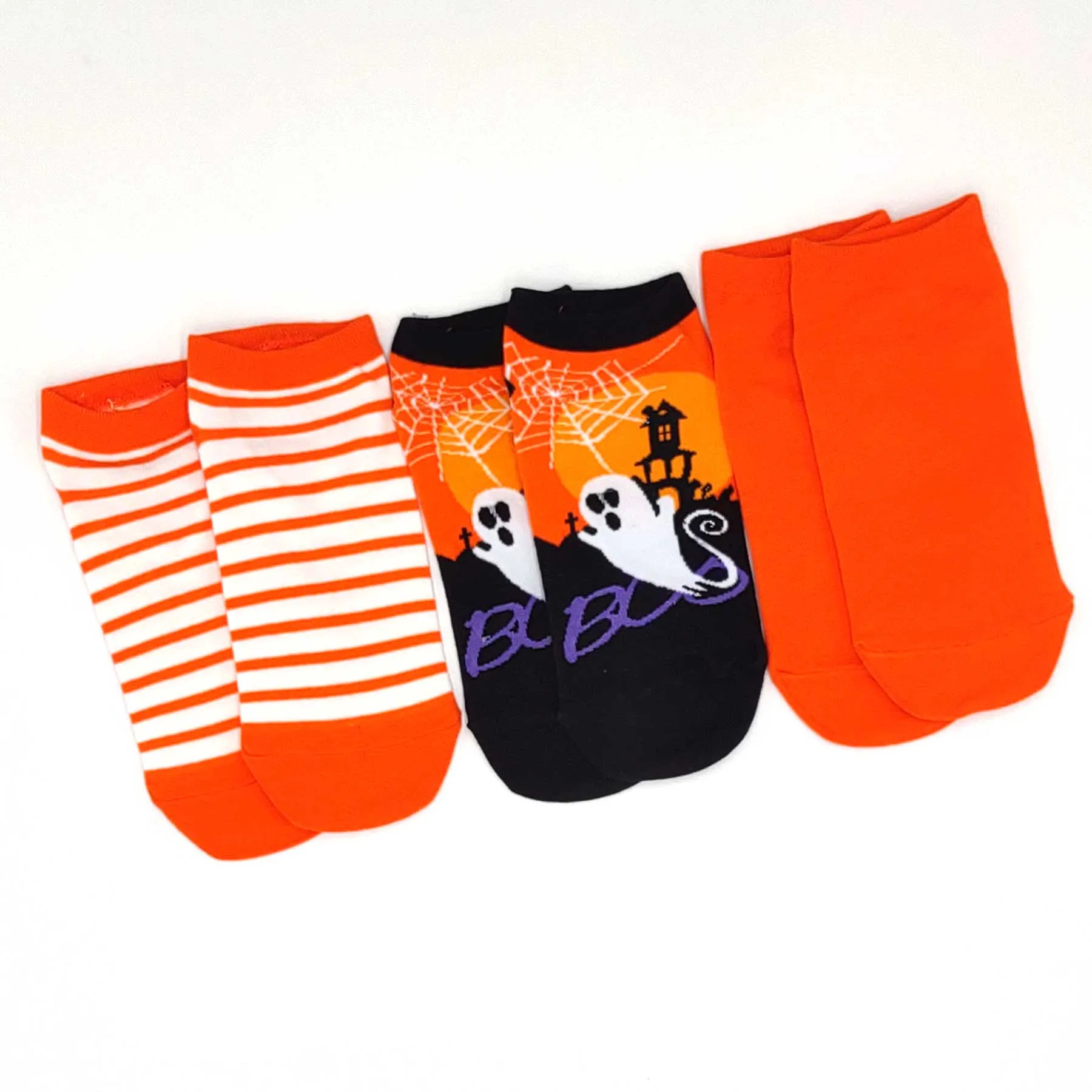 Silly Ghost Boo Hunted House Spider Web Fun Novelty Halloween Cotton Low-Cut Ankle Socks Women 3-Pairs 9-11 Orange (2313)