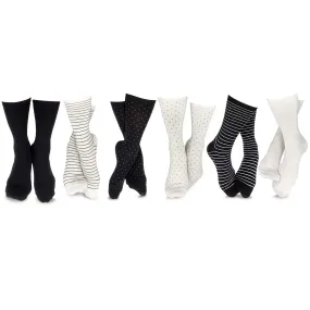 Socksmile - soft cotton women's trouser socks dress socks striped polka dots solid black white 6pairs