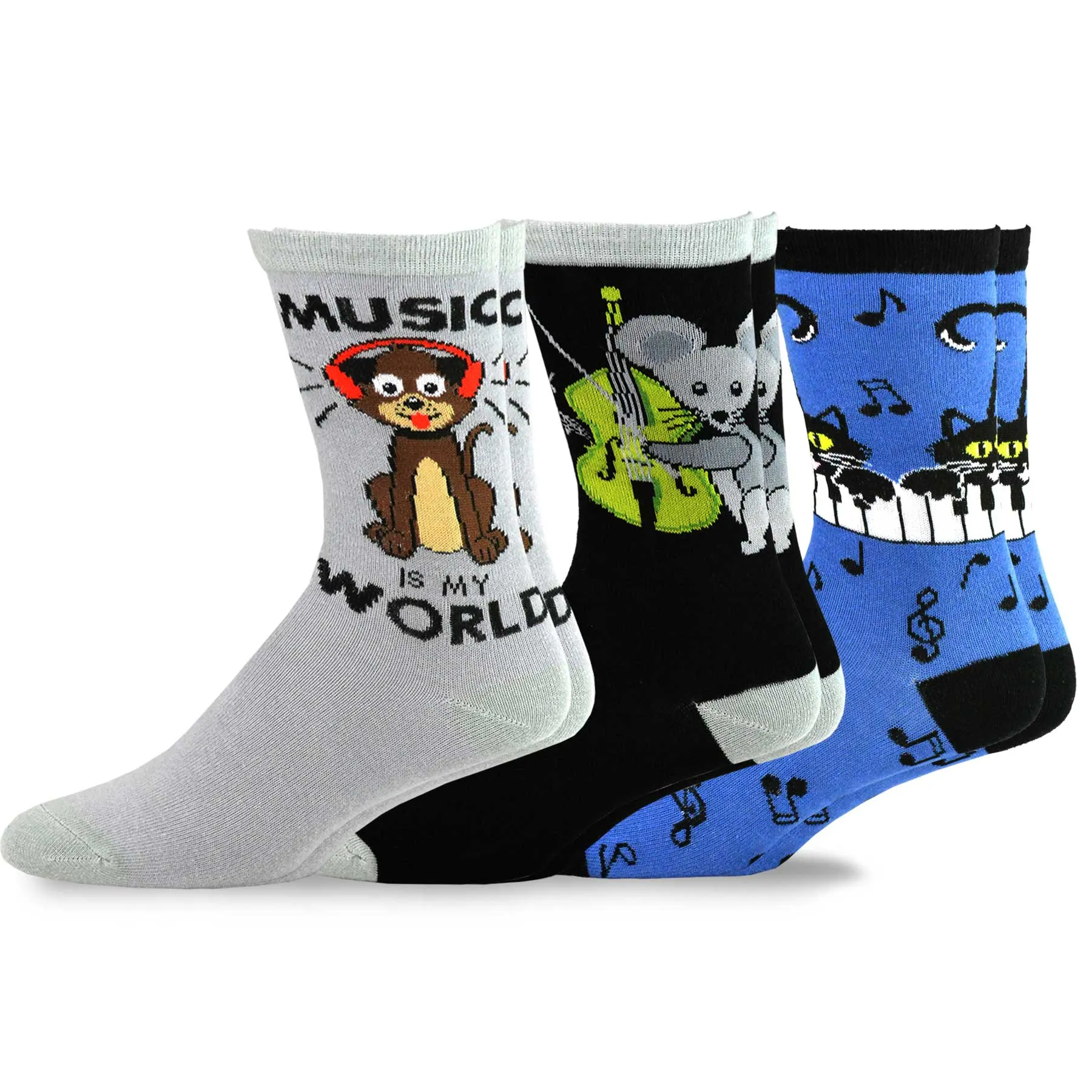 TeeHee Socks Men's Novelty Cotton Crew Animal Music 3-Pack (12000)