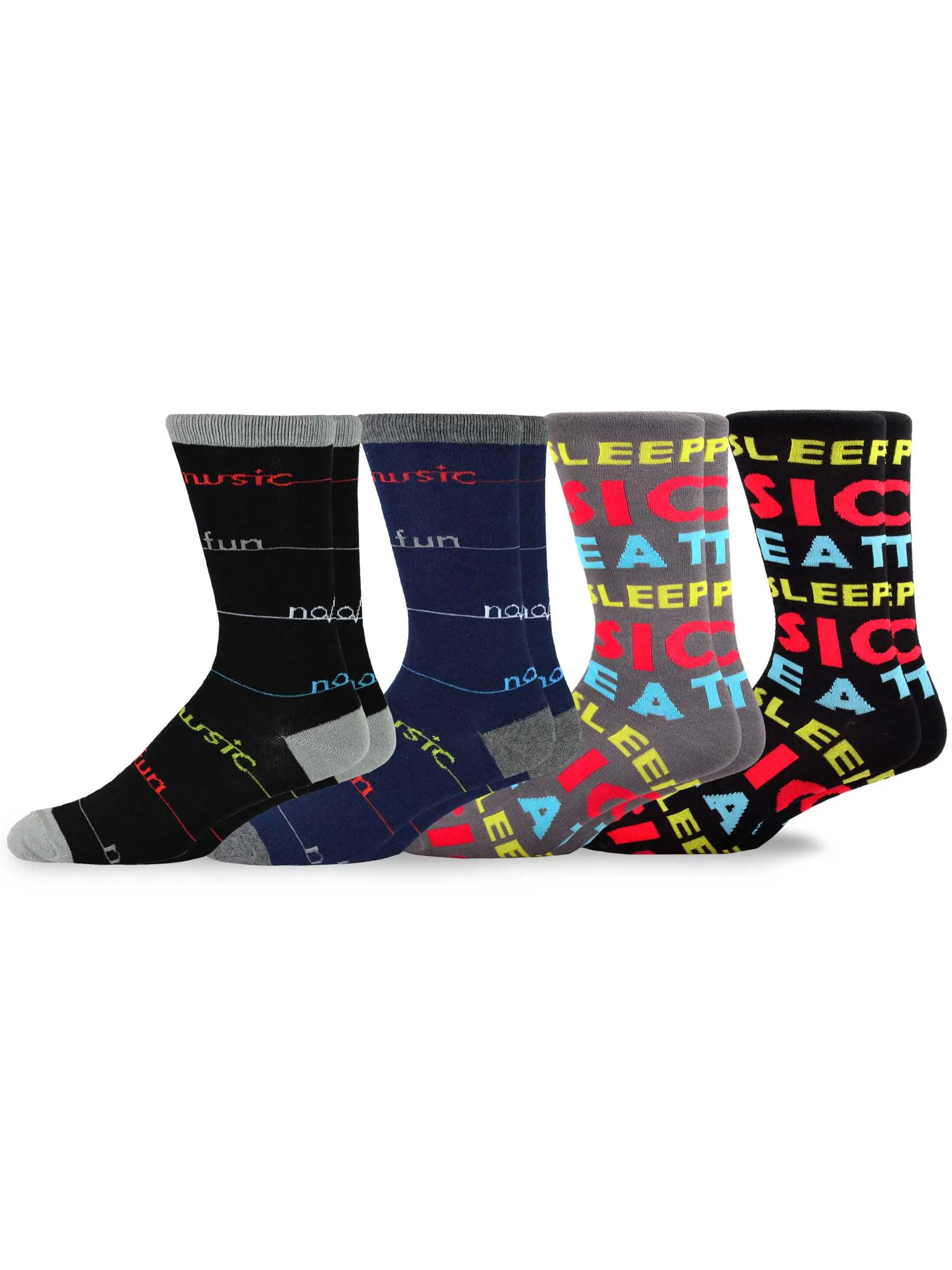 TeeHee Socks Men's Novelty Cotton Crew No Music No Fun 4-Pack (109356)