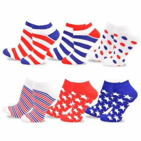 TeeHee Socks Women's 4th of July Cotton No Show Stars, Stripes and Dots 6-Pack (11153)