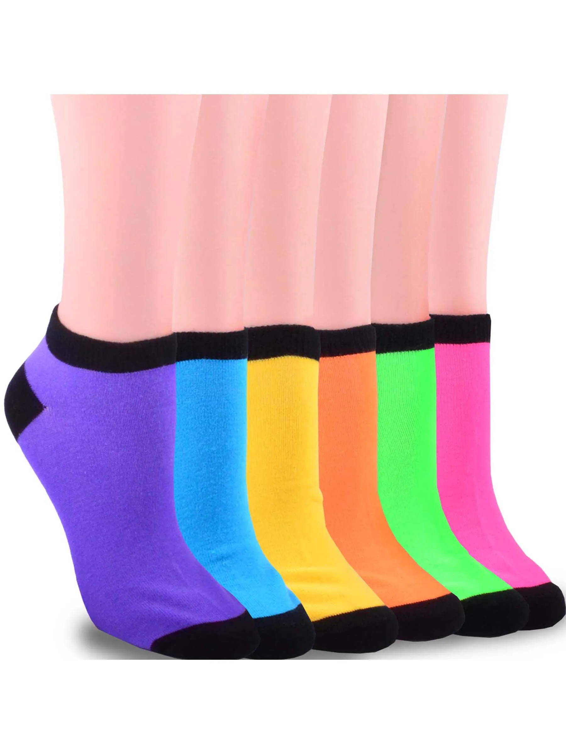 TeeHee 6-Pack Womens Casual Neon Acrylic No-Show Socks with Black Tips (10055)