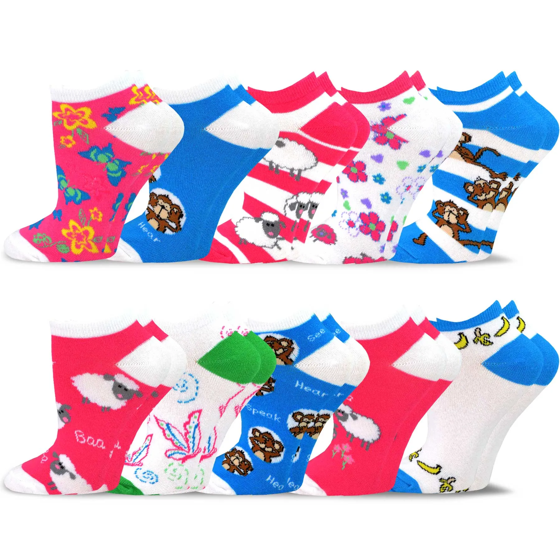 TeeHee Socks Women's Casual Cotton No Show Monkey and Sheep 10-Pack (12094