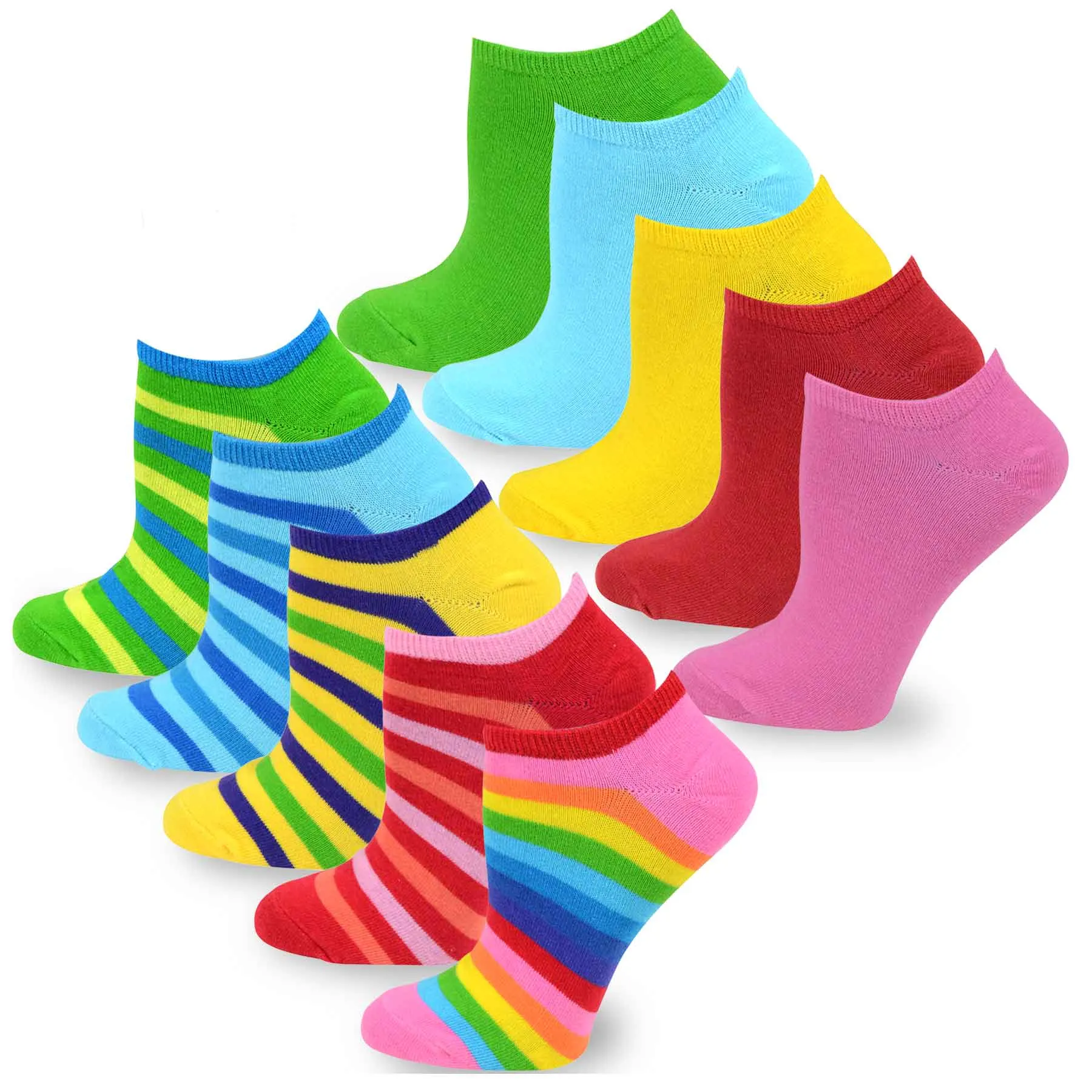 TeeHee Socks Women's Casual Cotton No Show Rainbow Stripes/Solid 10-Pack (11201)