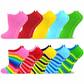 TeeHee Socks Women's Casual Cotton No Show Rainbow Stripes/Solid 10-Pack (11201)