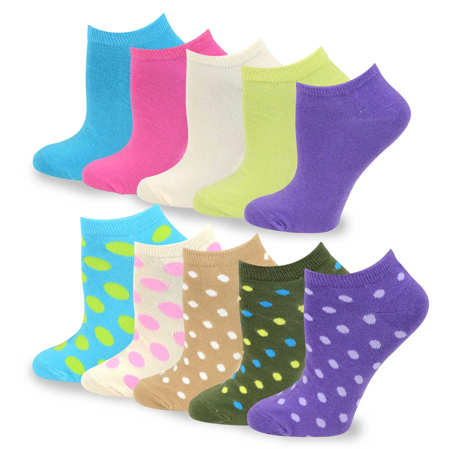 TeeHee Socks Women's Casual Cotton No Show Solid/Dots 10-Pack (11202)