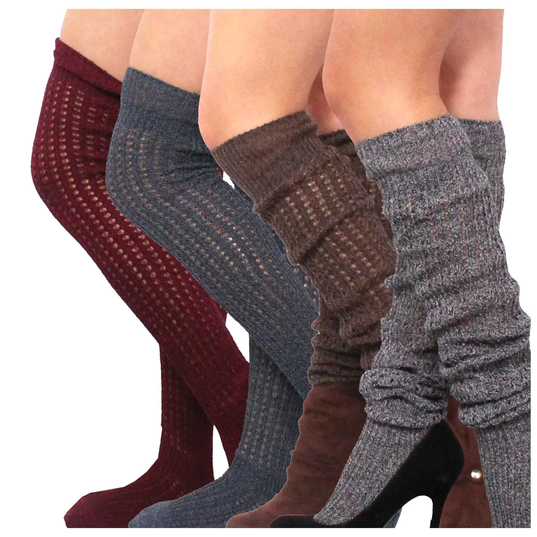 TeeHee Socks Women's Casual Cotton Over the Knee Marl Open Stitch 4-Pack (10378)