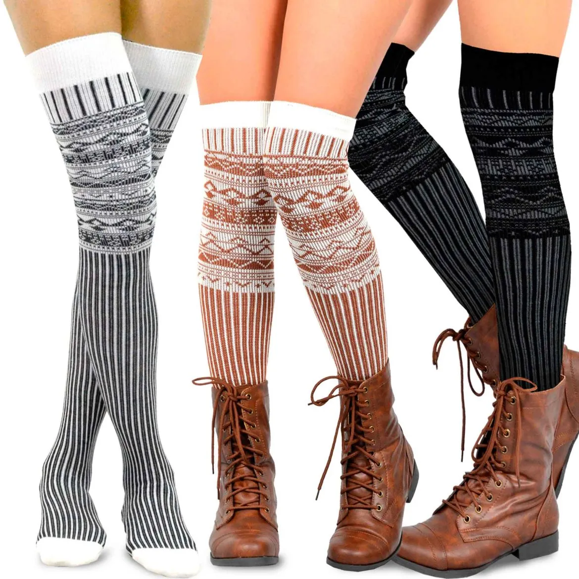 TeeHee Socks Women's Casual Cotton Thigh High Nordic 3-Pack (10847)