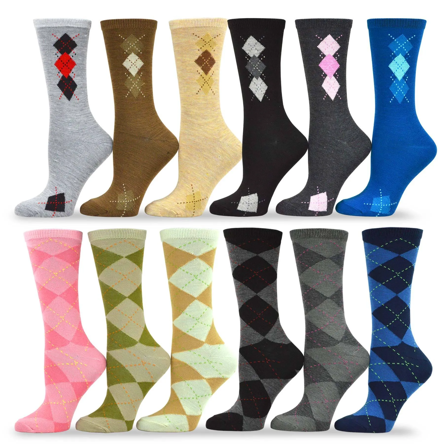 TeeHee Socks Women's Casual Polyester Crew Argyle 12-Pack (1118995)