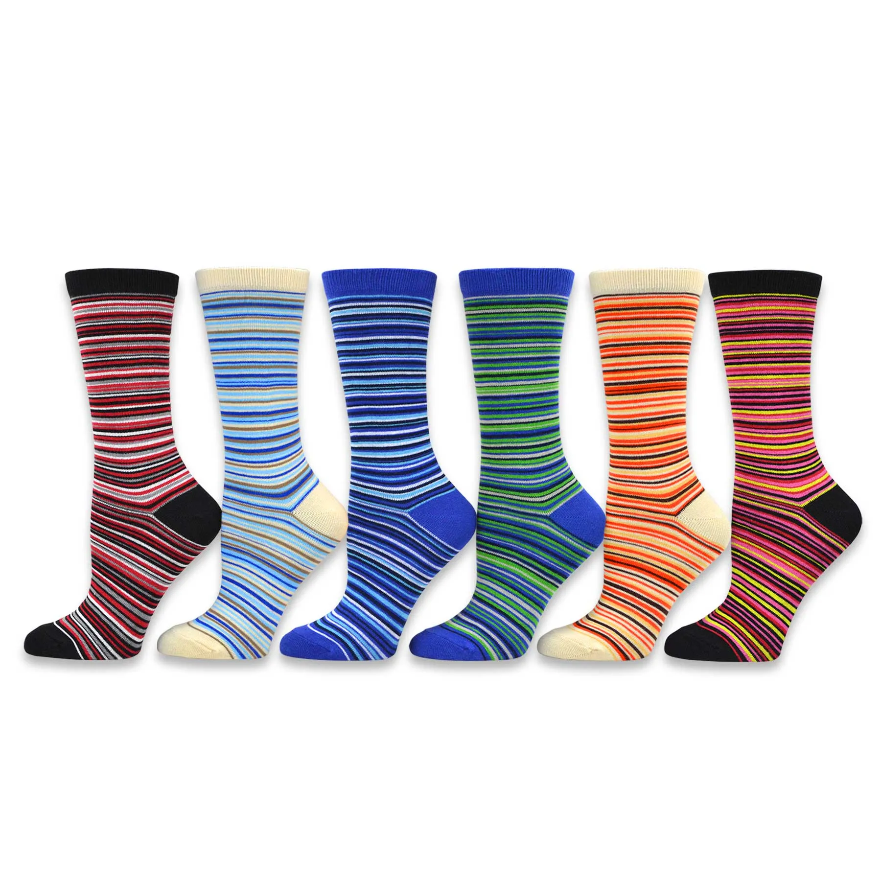 TeeHee Socks Women's Casual Polyester Crew Ministripe 6-Pack (11198)