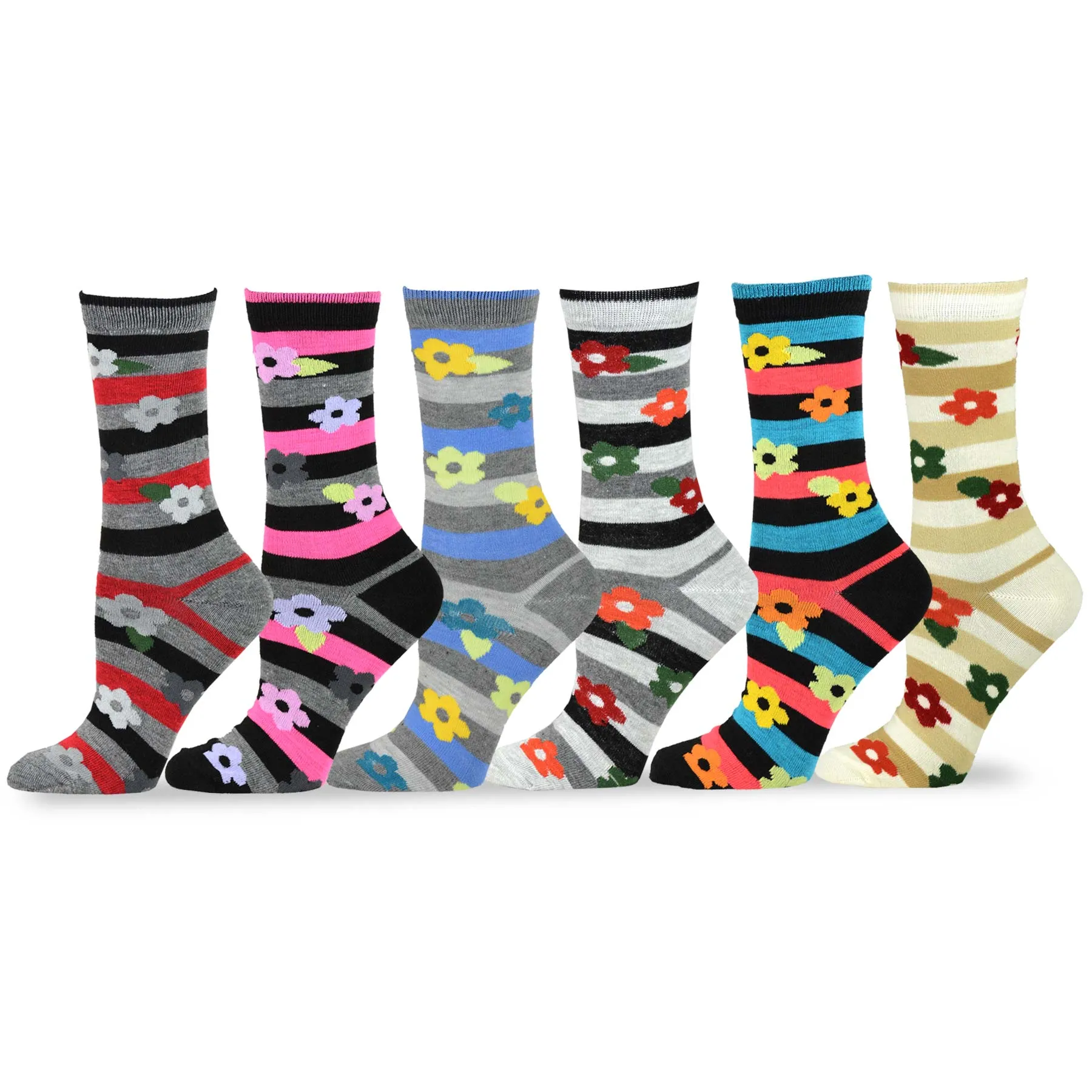 TeeHee Socks Women's Casual Polyester Crew Stripe and Flower 6-Pack (11196)