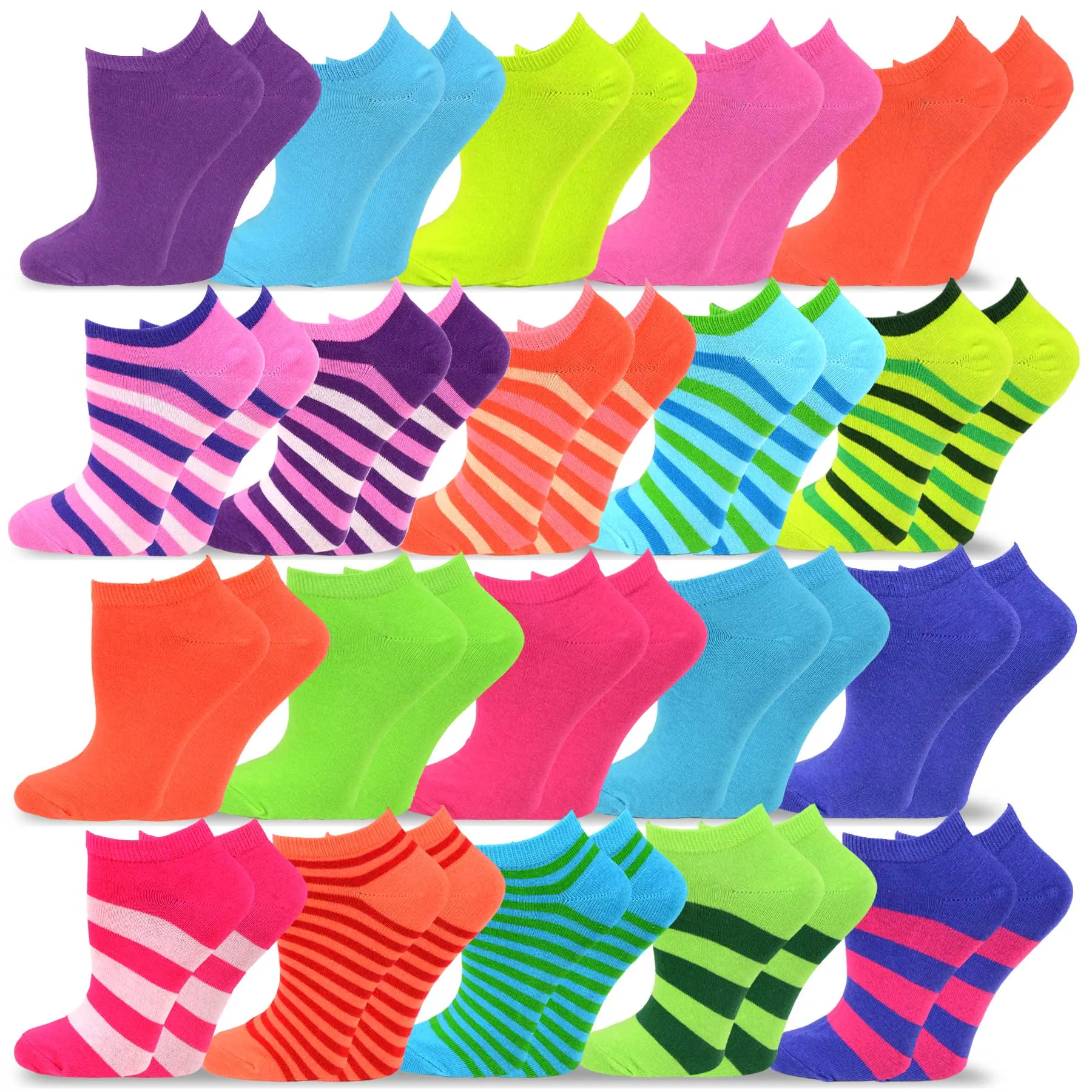 TeeHee Socks Women's Causal Cotton No Show Stripes 20-Pack (12070)