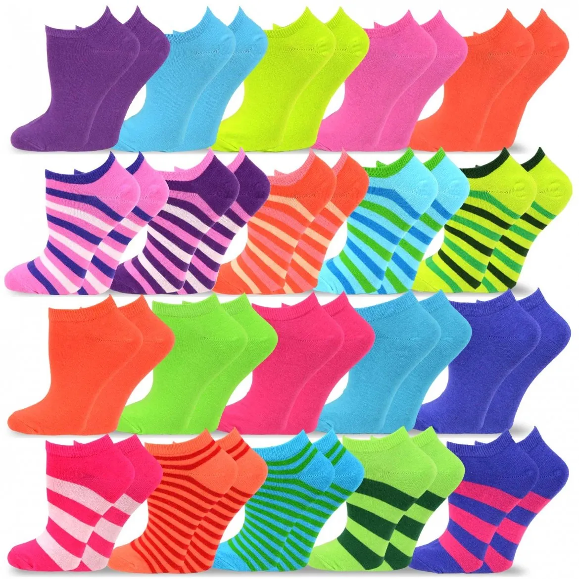 TeeHee Socks Women's Causal Cotton No Show Stripes 20-Pack (12070)