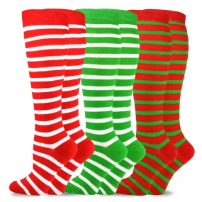 TeeHee Socks Women's Christmas Polyester Knee High Candy Cane 3-Pack (10479)