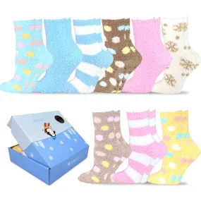 TeeHee Socks Women's Fuzzy Crew Stripes and Polka Dots 9-Pack Gift Box (12135)