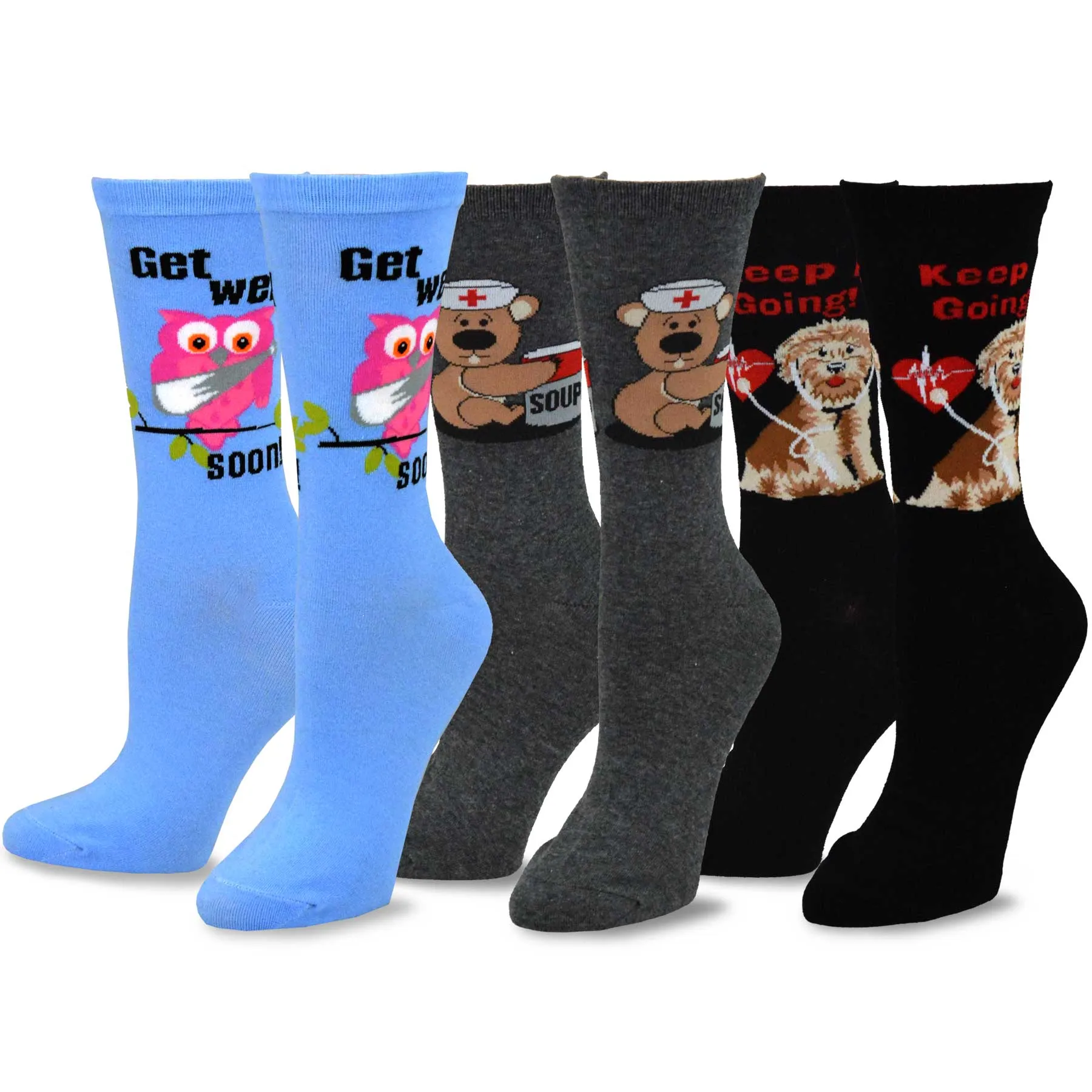 TeeHee Socks Women's Get Well Cotton Crew Owl,Bera 3-Pack (11883)