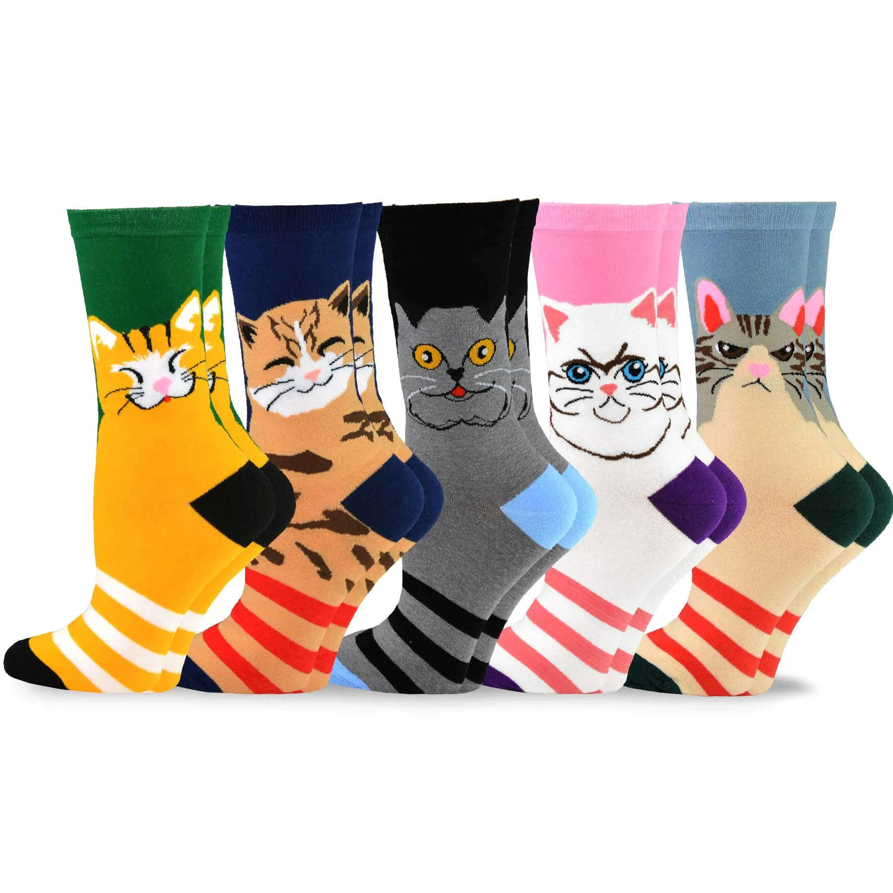 TeeHee Socks Women's Novelty Cotton Crew Cat Face 5-Pack (11991)