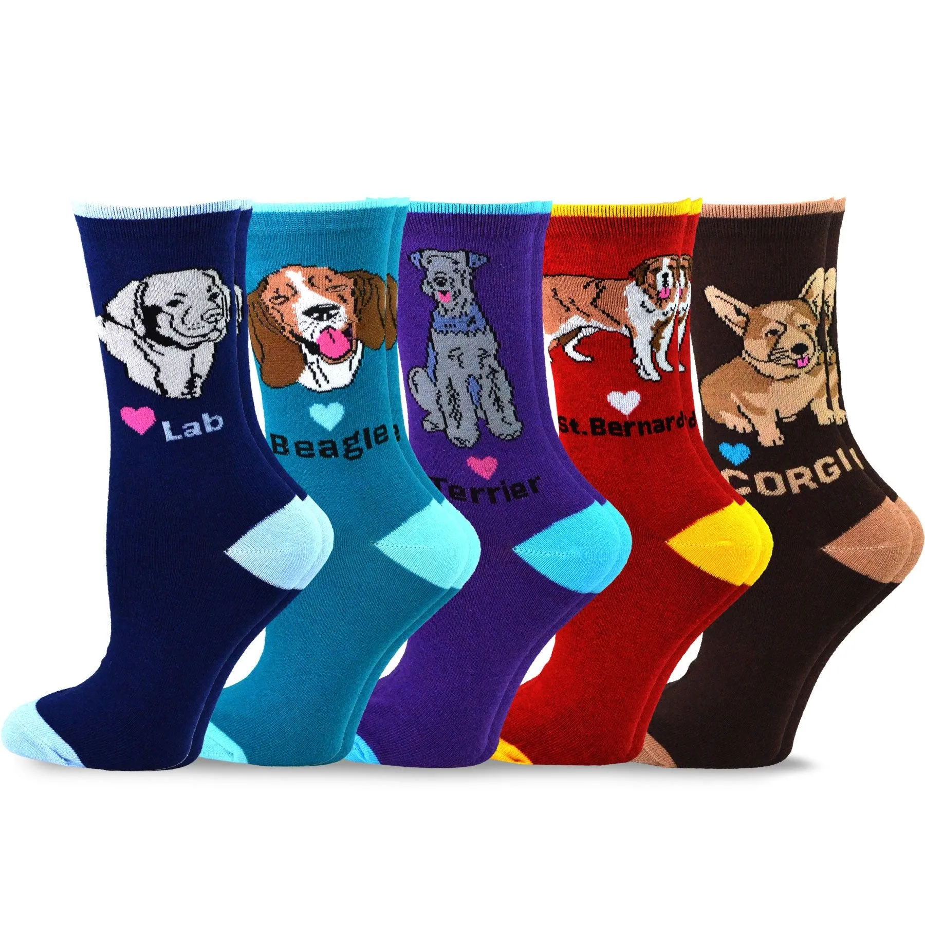 TeeHee Socks Women's Novelty Cotton Crew Dog Stripe 5-Pack (11993)