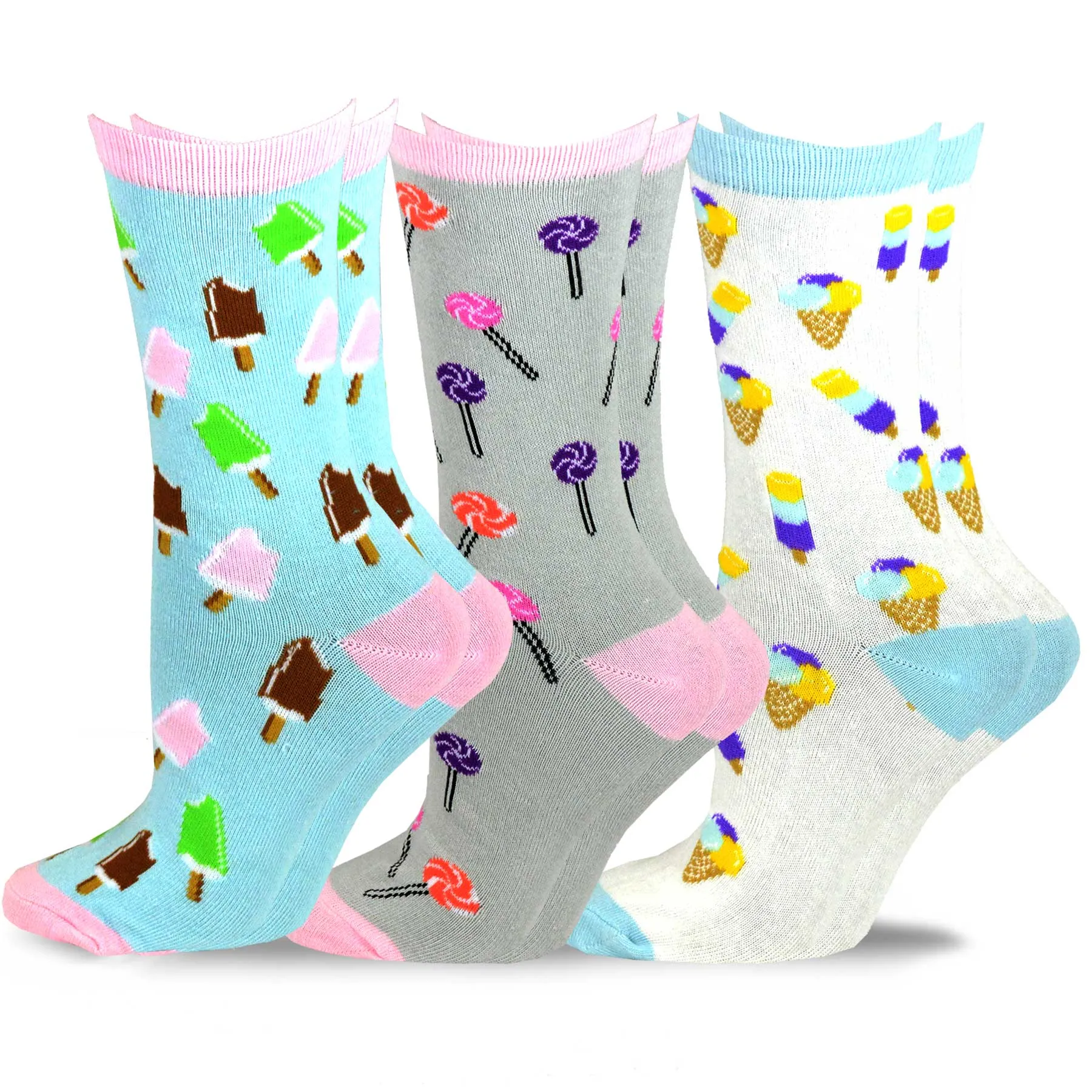 TeeHee Socks Women's Novelty Cotton Crew Lollipop and Ice Cream 3-Pack (11441)