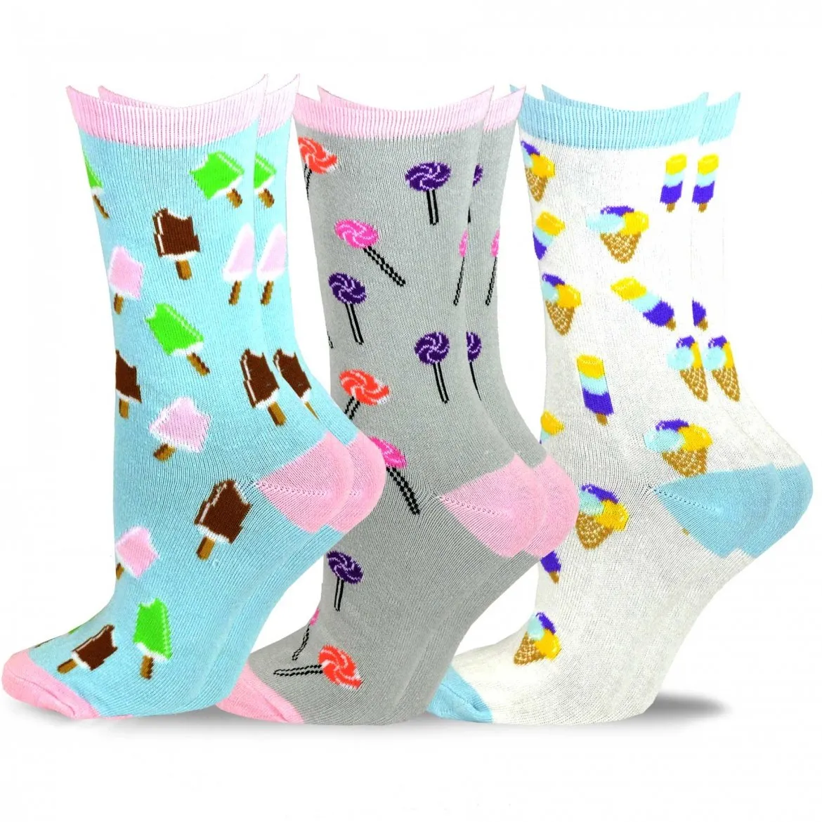 TeeHee Socks Women's Novelty Cotton Crew Lollipop and Ice Cream 3-Pack (11441)