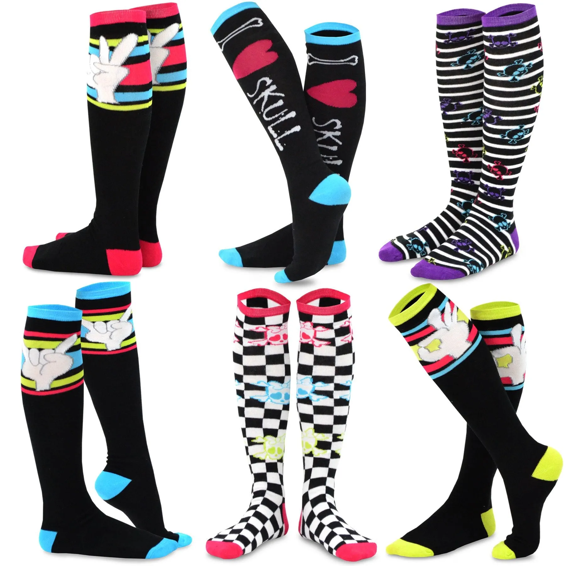 TeeHee Socks Women's Novelty Cotton Knee High Finger Expression and Skull 6-Pack (10798)