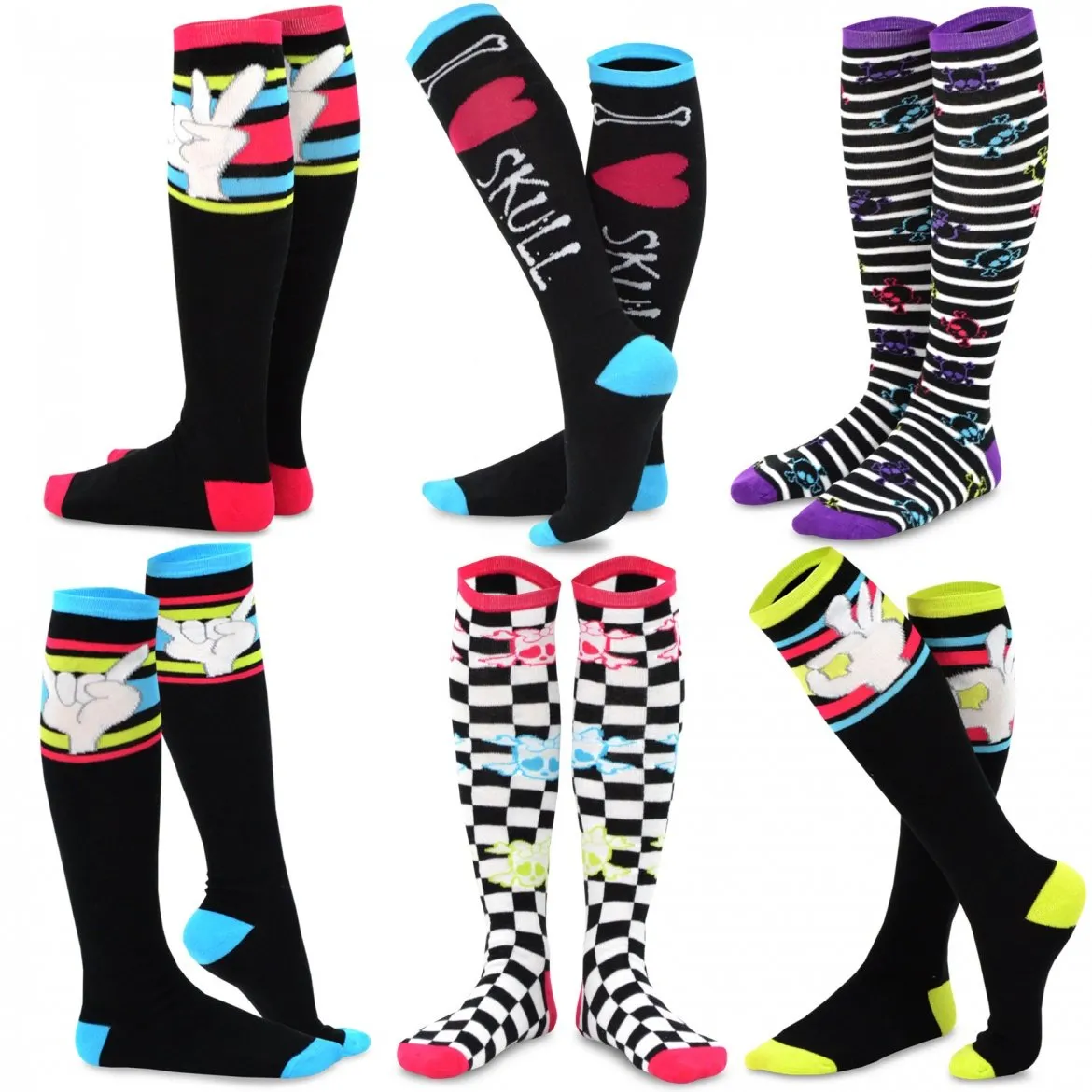 TeeHee Socks Women's Novelty Cotton Knee High Finger Expression and Skull 6-Pack (10798)