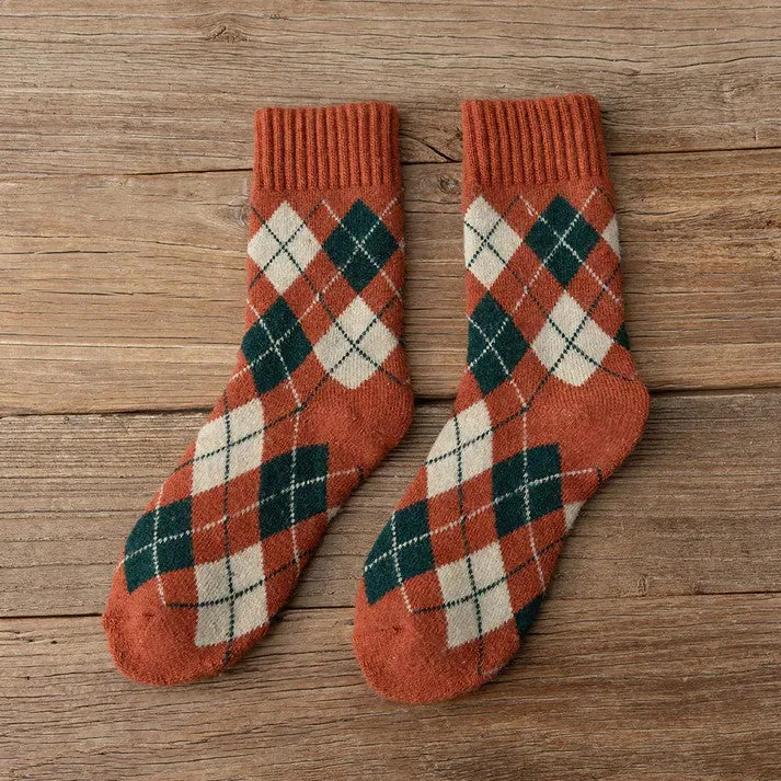 Vintage Knitted Argyle Crew Socks in Orange